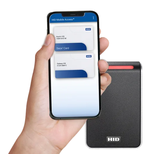 Phone showing HID Mobile Access credentials next to an HID Signo reader